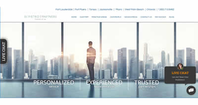 The home page of a professionally developed website for a law firm in Fort Lauderdale, Florida. It has a white background and a man in a suit overlooking skyscrapers in the background