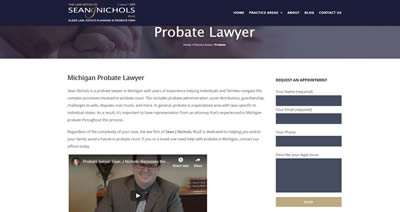 A page for a professionally developed website for an probate attorney in Plymouth, Michigan. It has a white background and a background image of senior citizens.