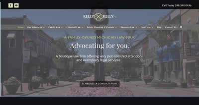 The home page of a professionally developed website for a law firm in Northville, Michigan. It has a background image of a clock in a small downtown setting.