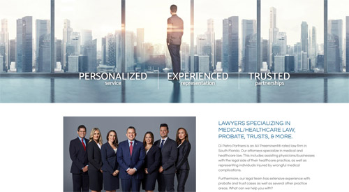 The home page of a South Florida law firm who's a client of Borealis Digital Marketing. The page shows all the attorneys and a beautiful background image of Miami