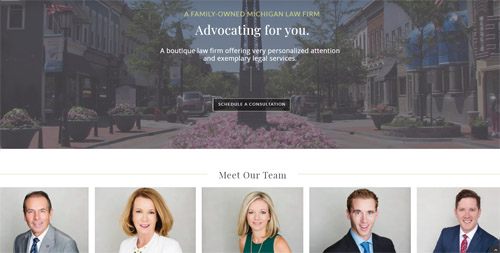 The home page of a Michigan family law practice who's a client of Borealis Digital Marketing. The page shows all the attorneys and a beautiful background image of Northville